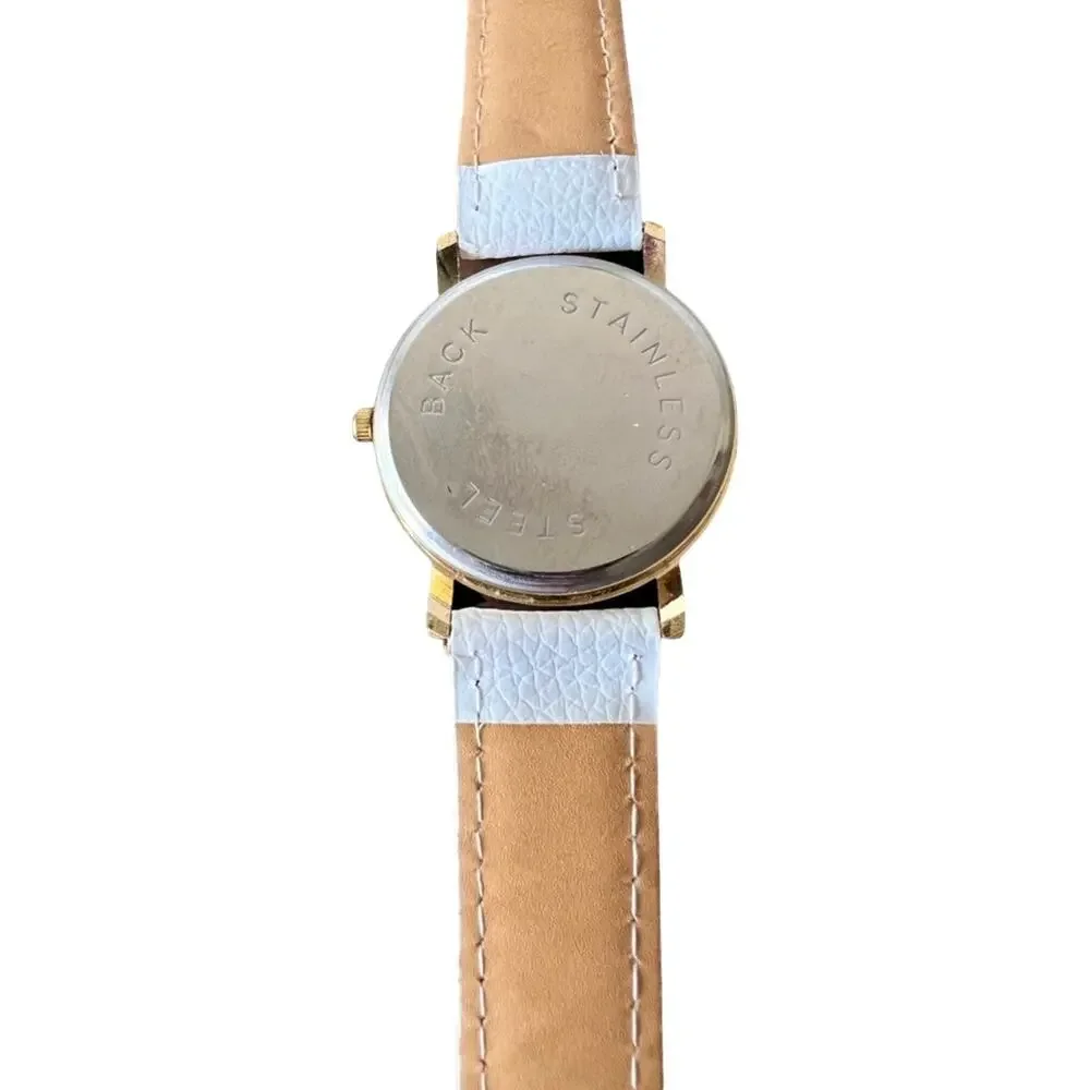 Paris Eiffel Tower White Vegan Leather Gold Tone Buckle Strap Analog Watch MINT